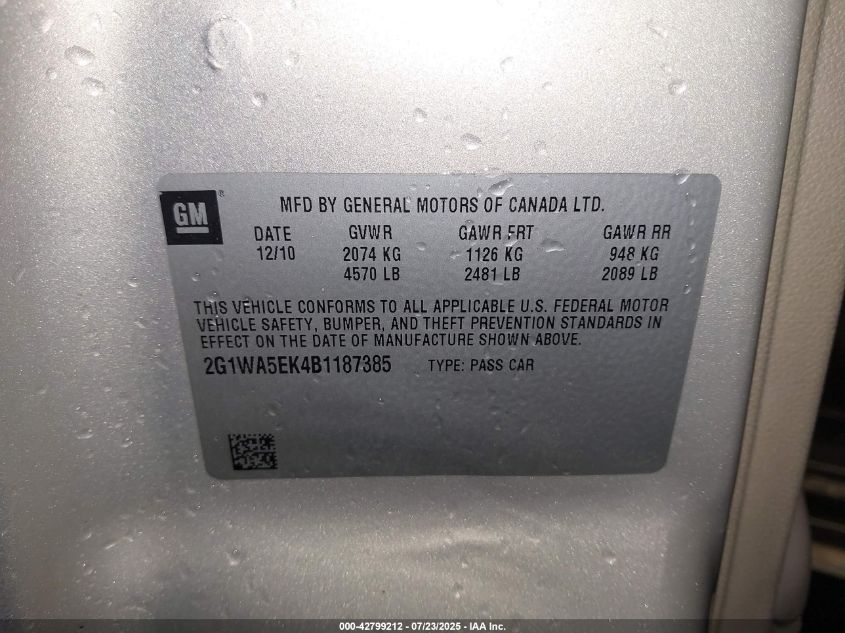2011 Chevrolet Impala Ls VIN: 2G1WA5EK4B1187385 Lot: 42799212