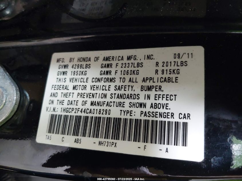 2012 Honda Accord 2.4 Lx-P VIN: 1HGCP2F44CA018290 Lot: 42799360