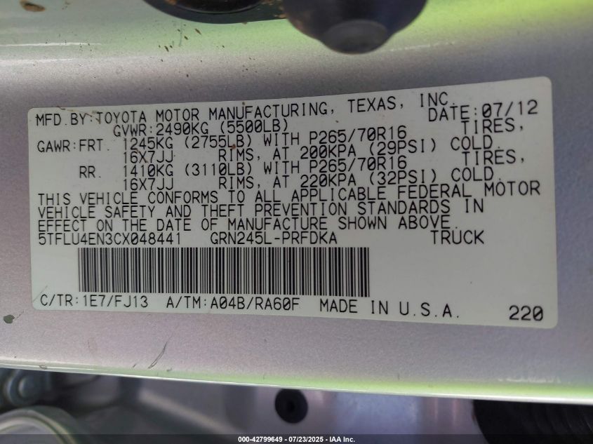 2012 Toyota Tacoma Base V6 VIN: 5TFLU4EN3CX048441 Lot: 42799649