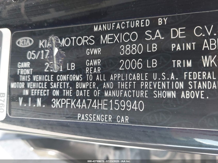 2017 Kia Forte 2.0 Lx Black Lot 111042799675 Vin 3KPFK4A74HE159940