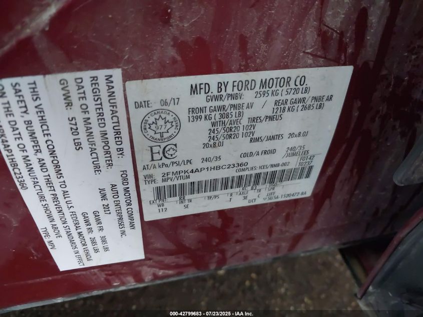 2017 Ford Edge Sport VIN: 2FMPK4AP1HBC23360 Lot: 42799683