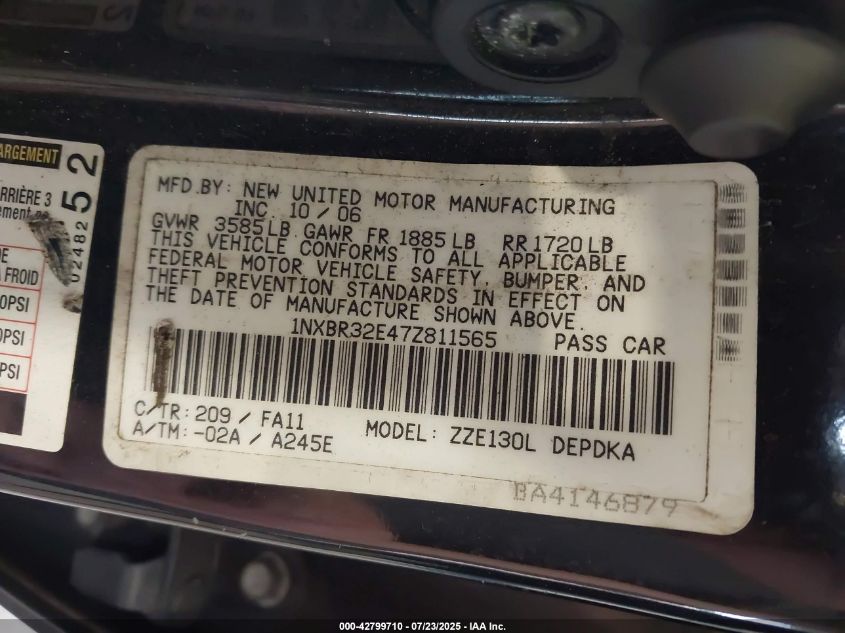 2007 Toyota Corolla Ce VIN: 1NXBR32E47Z811565 Lot: 42799710