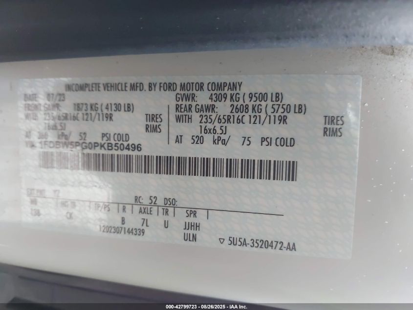 2023 Ford Transit VIN: 1FDBW5PG0PKB50496 Lot: 42799723