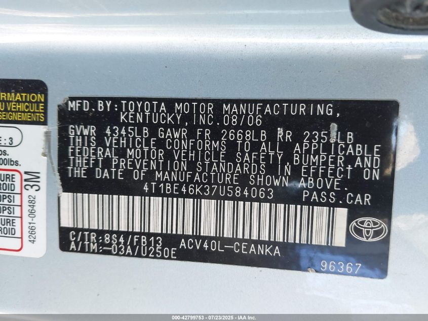 2007 Toyota Camry Le VIN: 4T1BE46K37U584063 Lot: 42799753