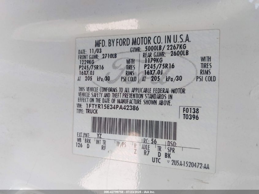 2004 Ford Ranger Xlt VIN: 1FTYR15E34PA42386 Lot: 42799758