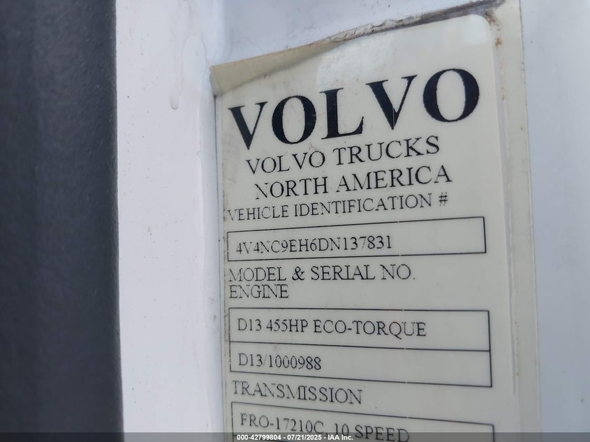 2013 Volvo Vn Vnl VIN: 4V4NC9EH6DN137831 Lot: 42799804