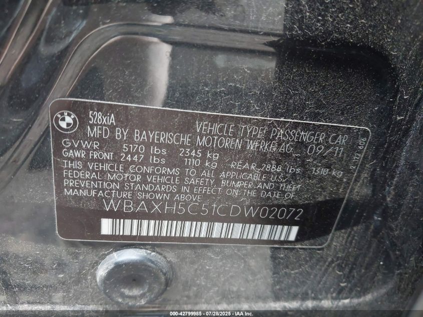 2012 BMW 528I xDrive VIN: WBAXH5C51CDW02072 Lot: 42799985