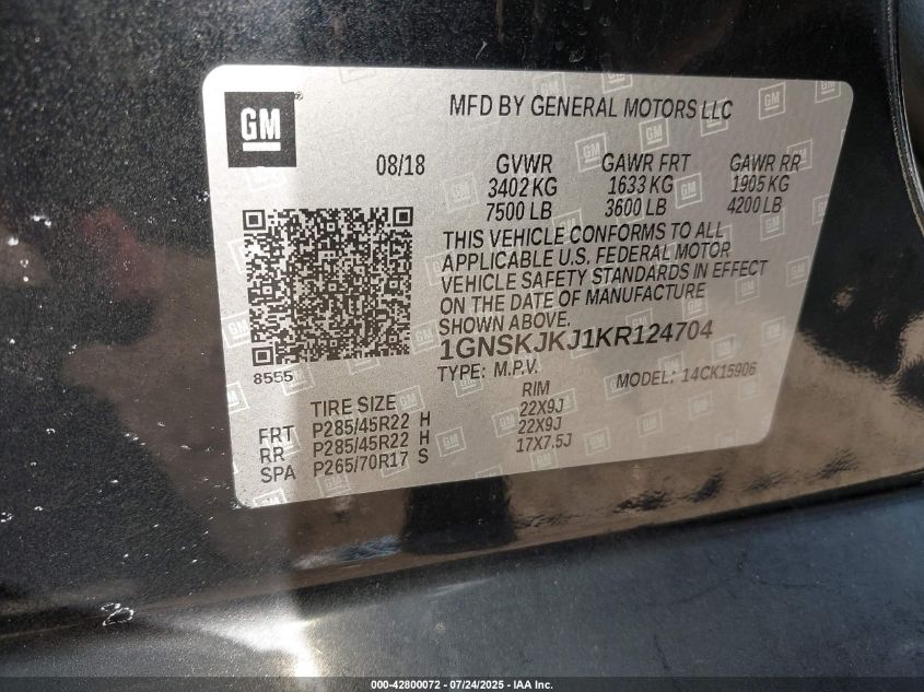 2019 Chevrolet Suburban Premier VIN: 1GNSKJKJ1KR124704 Lot: 42800072