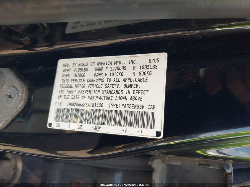 2005 Honda Accord 2.4 Ex VIN: 1HGCM568X5A181428 Lot: 42800173