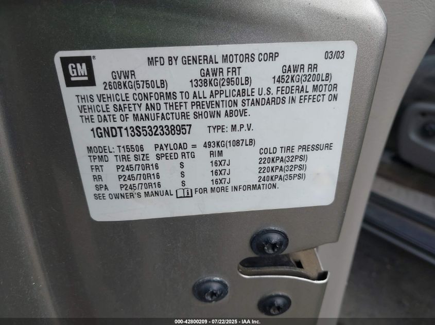 2003 Chevrolet Trailblazer Lt VIN: 1GNDT13S532338957 Lot: 42800209