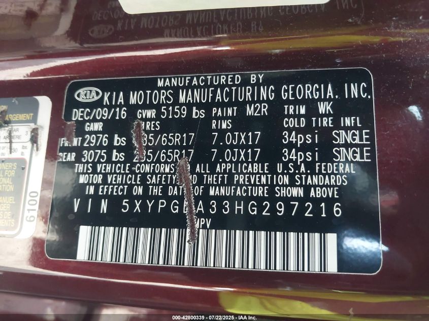 2017 Kia Sorento 2.4L Lx VIN: 5XYPGDA33HG297216 Lot: 42800339