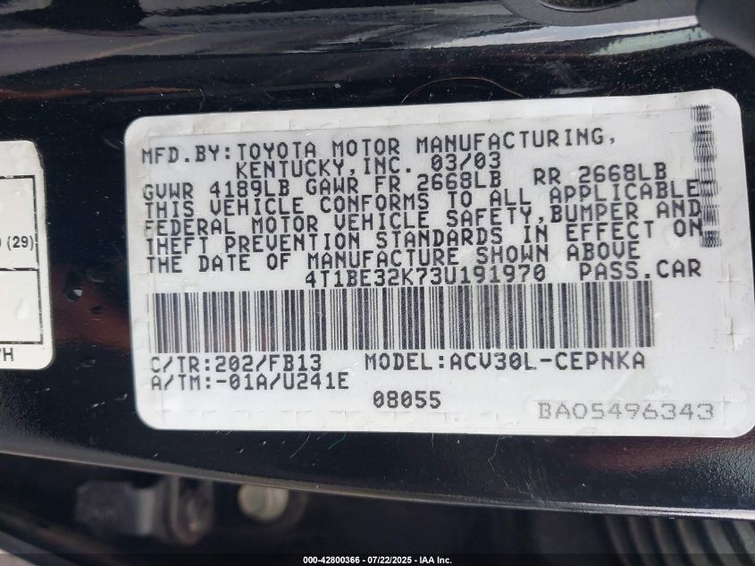 2003 Toyota Camry Le VIN: 4T1BE32K73U191970 Lot: 42800366