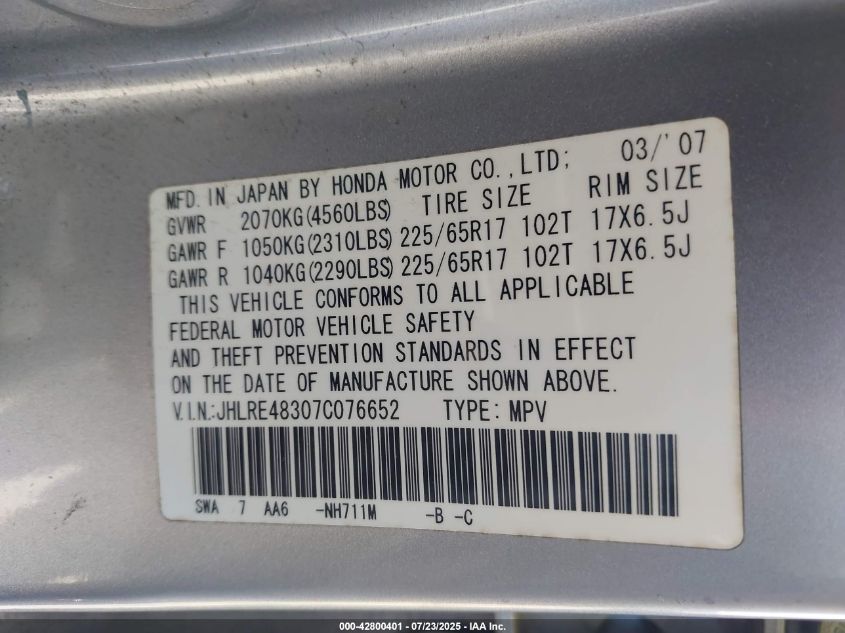 2007 Honda Cr-V Lx VIN: JHLRE48307C076652 Lot: 42800401