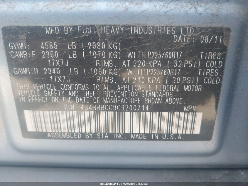 2012 Subaru Outback 2.5I Premium VIN: 4S4BRBCC9C3200714 Lot: 42800411