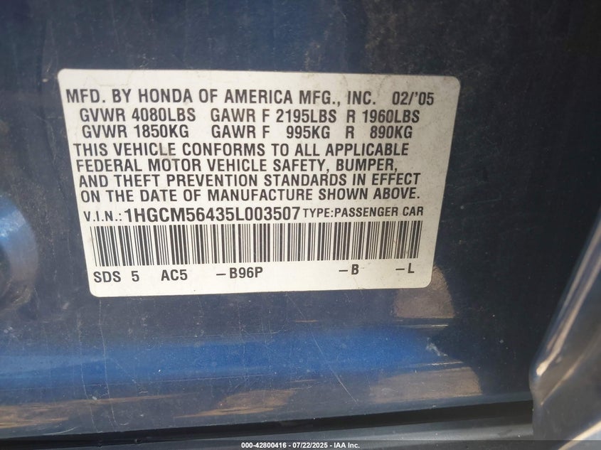 1HGCM56435L003507 2005 HONDA ACCORD photo no. 9