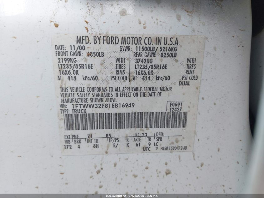 2001 Ford F-350 Lariat/Xl/Xlt VIN: 1FTWW32F81EB16949 Lot: 42800472