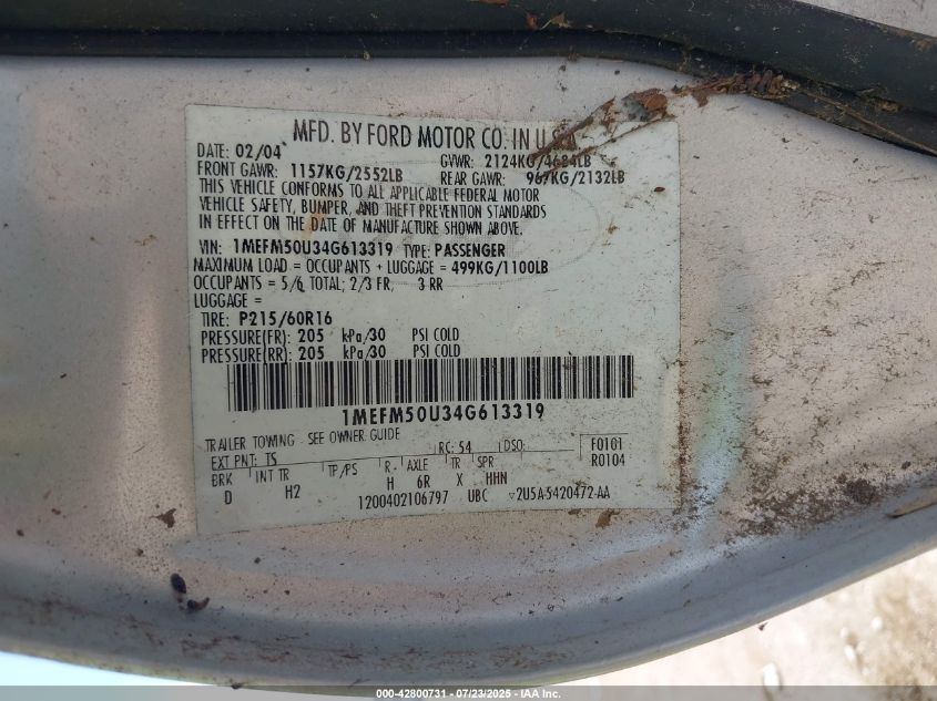 2004 Mercury Sable Gs VIN: 1MEFM50U34G613319 Lot: 42800731