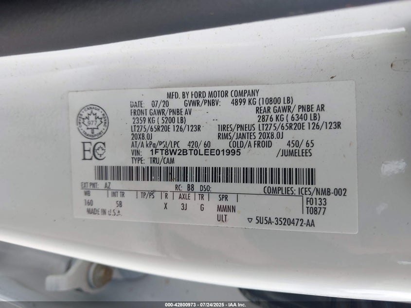 2020 Ford F-250 Lariat VIN: 1FT8W2BT0LEE01995 Lot: 42800973