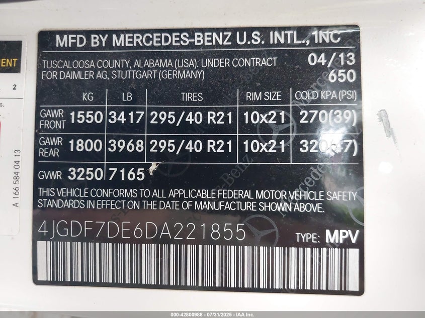 2013 MERCEDES-BENZ GL 550 4MATIC 4JGDF7DE6DA221855