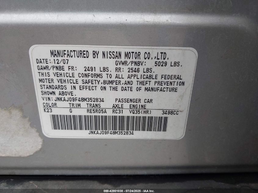 2008 Infiniti Ex35 Journey VIN: JNKAJ09F48M352834 Lot: 42801038