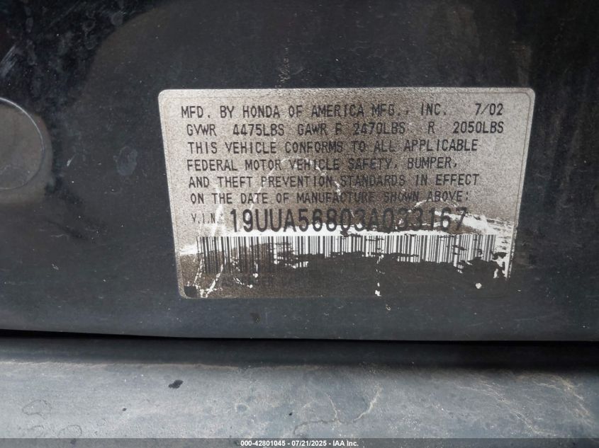 2003 Acura Tl 3.2 Type S VIN: 19UUA56803A033167 Lot: 42801045