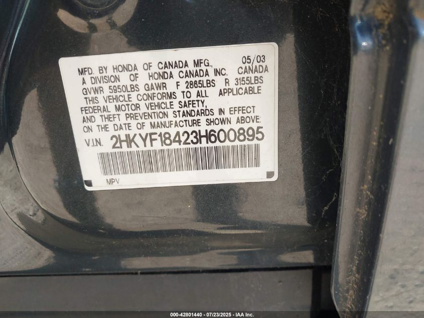 2003 Honda Pilot Ex VIN: 2HKYF18423H600895 Lot: 42801440