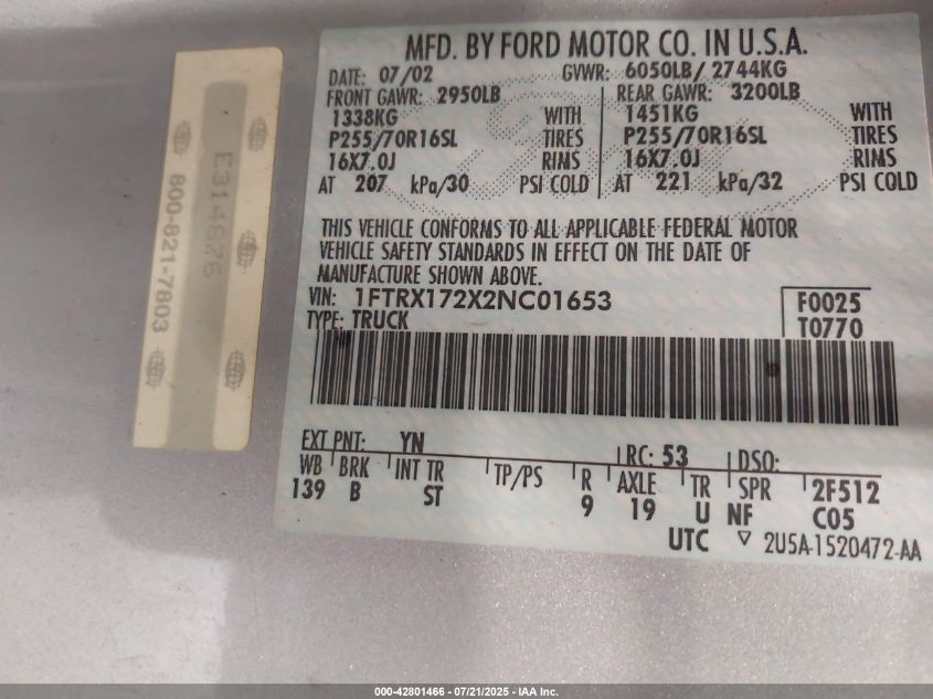 2002 Ford F-150 Xl/Xlt VIN: 1FTRX172X2NC01653 Lot: 43084034