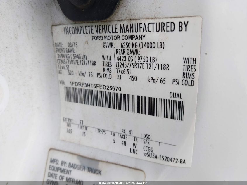 2015 Ford F-350 Chassis Xl VIN: 1FDRF3HT6FED25670 Lot: 42801470