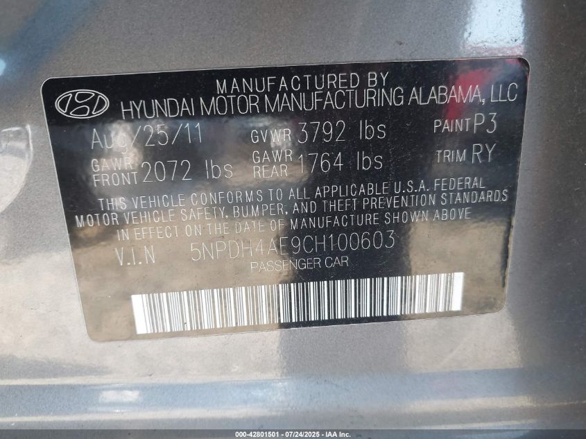 2012 Hyundai Elantra Limited VIN: 5NPDH4AE9CH100603 Lot: 42801501