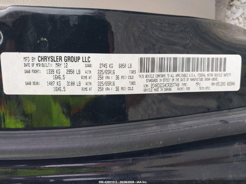 2012 Dodge Grand Caravan Sxt VIN: 2C4RDGCG4CR357740 Lot: 42801513