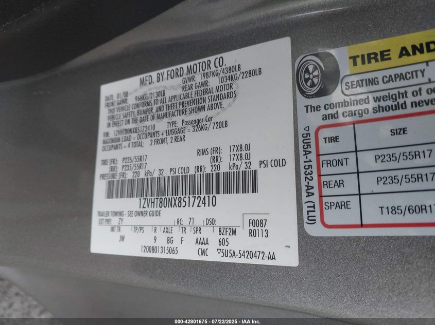 2005 Ford Mustang VIN: 1ZVHT80NX5172410 Lot: 42801675