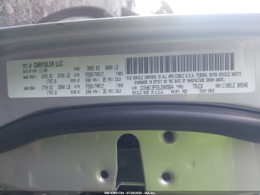 2009 Dodge Ram 1500 Slt/Sport/Trx VIN: 1D3HB13P59J509964 Lot: 42801784