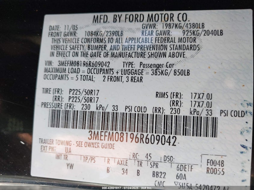 2006 Mercury Milan V6 Premier VIN: 3MEFM08196R609042 Lot: 42801817