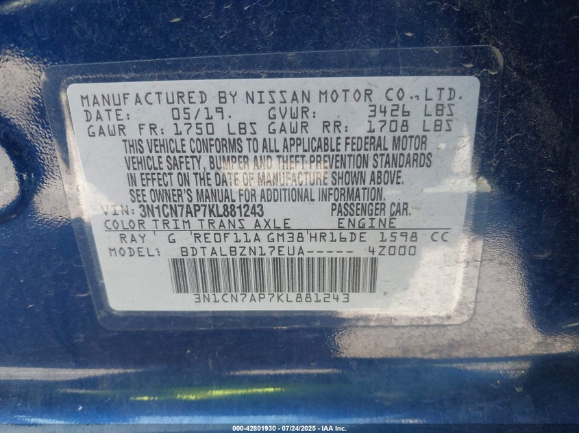 2019 NISSAN VERSA 1.6 SV - 3N1CN7AP7KL881243
