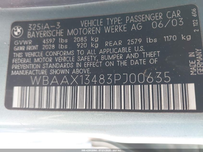 2003 BMW 325It VIN: WBAAX13483PJ00635 Lot: 42802064