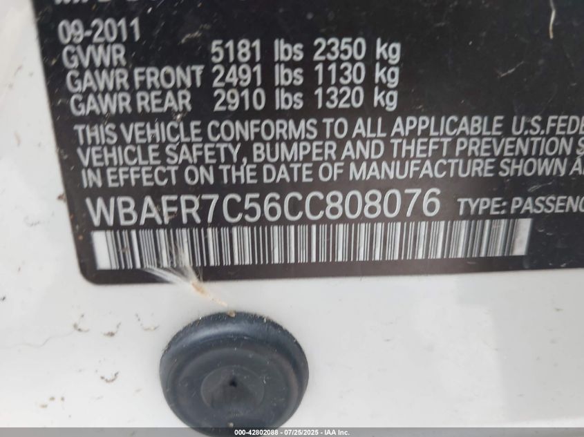 2012 BMW 535I VIN: WBAFR7C56CC808076 Lot: 42802088