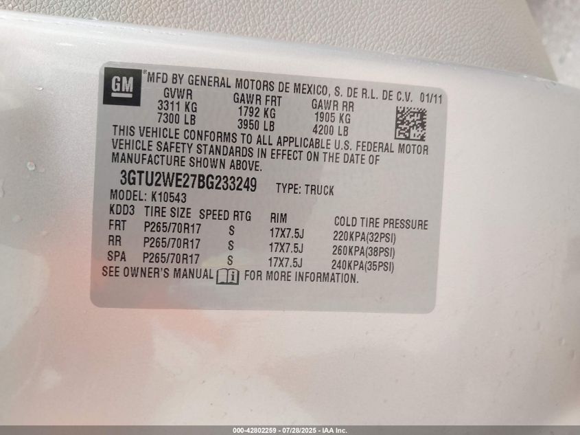 2011 GMC Sierra 1500 Slt VIN: 3GTU2WE27BG233249 Lot: 42802259