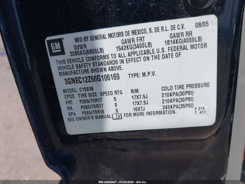 2006 Chevrolet Avalanche 1500 Z66 VIN: 3GNEC12Z66G106169 Lot: 42802427
