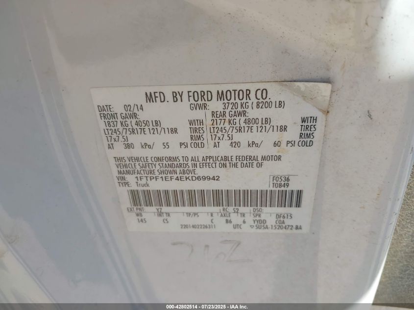 2014 Ford F150 VIN: 1FTPF1EF4ED699420 Lot: 42802514