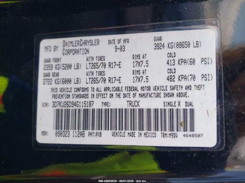 2004 Dodge Ram 2500 Slt/Laramie VIN: 3D7KU26D94G115187 Lot: 42802539