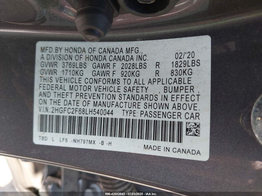 2020 Honda Civic Lx VIN: 2HGFC2F68LH540044 Lot: 42802542