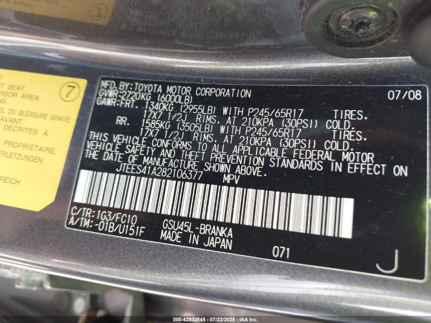 2008 Toyota Highlander VIN: JTEES41A282106377 Lot: 42802545