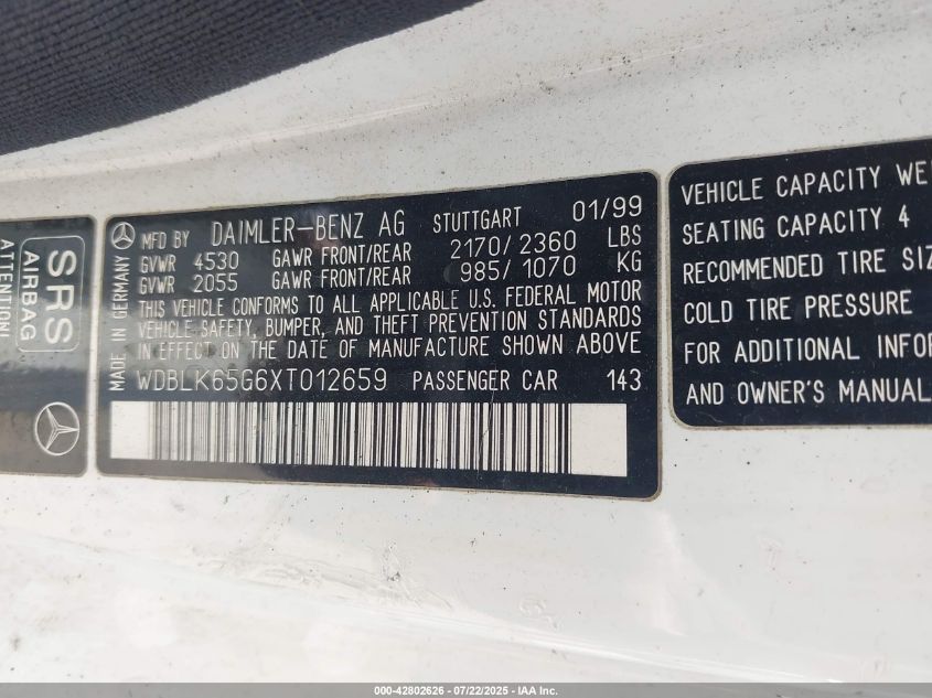 1999 Mercedes-Benz Clk 320 VIN: WDBLK65G6XT012659 Lot: 42802626