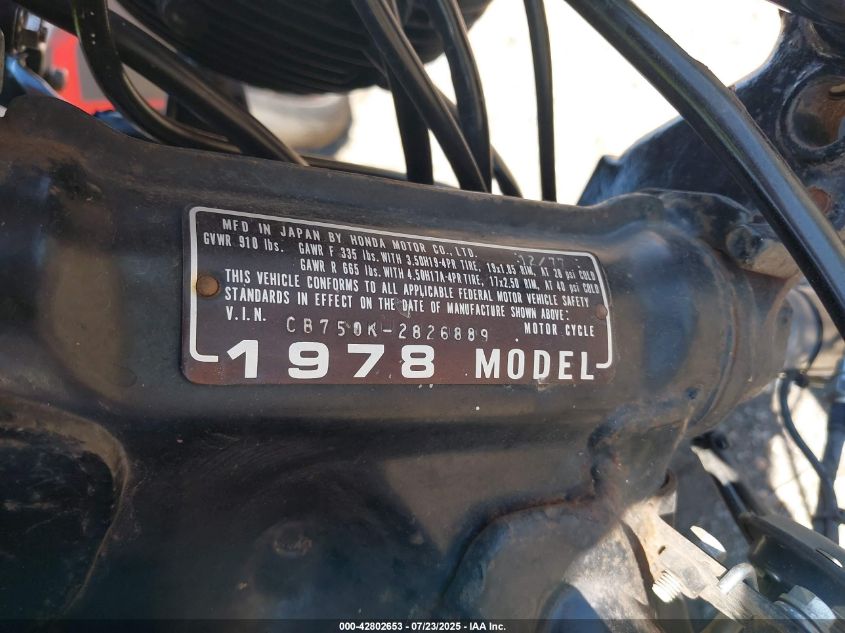 1978 Honda Cb750K VIN: CB750K2826889 Lot: 42802653