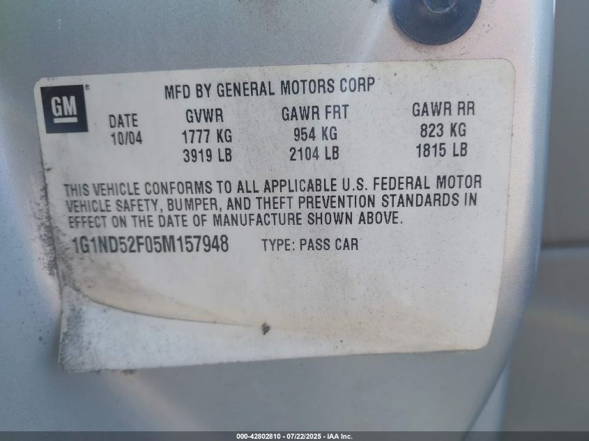 2005 Chevrolet Classic VIN: 1G1ND52F05M157948 Lot: 42802810