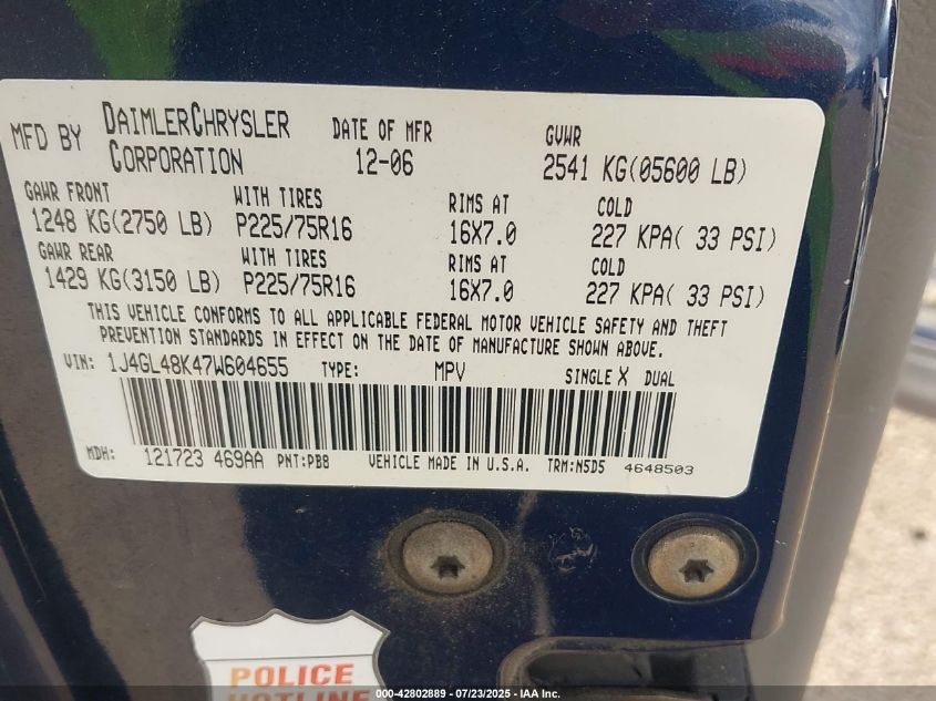 2007 Jeep Liberty Sport VIN: 1J4GL48K47W604655 Lot: 42802889