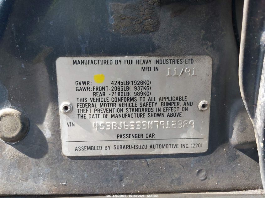 1992 Subaru Legacy L VIN: 4S3BJ6333N7912389 Lot: 42802906