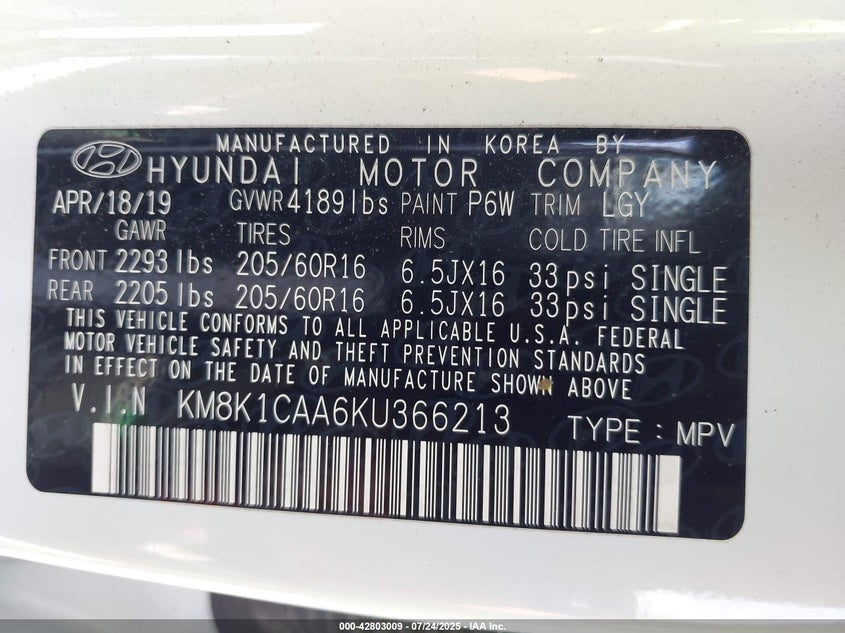 2019 HYUNDAI KONA SE - KM8K1CAA6KU366213