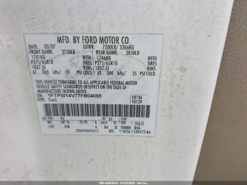 2007 Ford F-150 Fx4/Lariat/Xlt VIN: 1FTPW14V77FB04095 Lot: 42803036