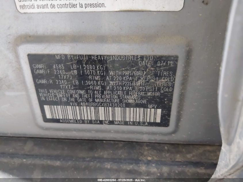 2011 Subaru Outback 2.5I Premium VIN: 4S4BRBGCXB3438208 Lot: 42803284